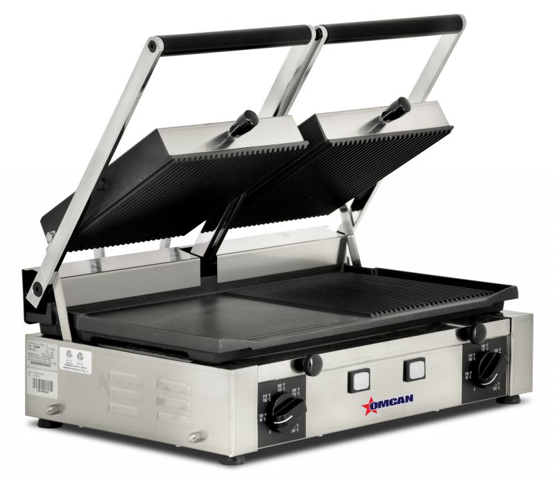 Elite Series 10" x 19" Double Panini Grill with Ribbed Top and 1/2 Grooved and Smooth Bottom  Grill Surface